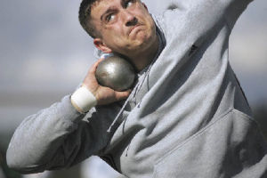 Hazens Andrey Levkiv warms up with the shotput at track practice at Hazen. Levkiv has thrown the third-longest distance in the nation this season