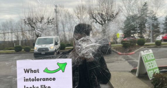 Since the vandalism incident, Brewmaster's has added a sign to the damaged window that reads "What intolerance looks like" Photo courtesy of The Brewmaster's Taproom.