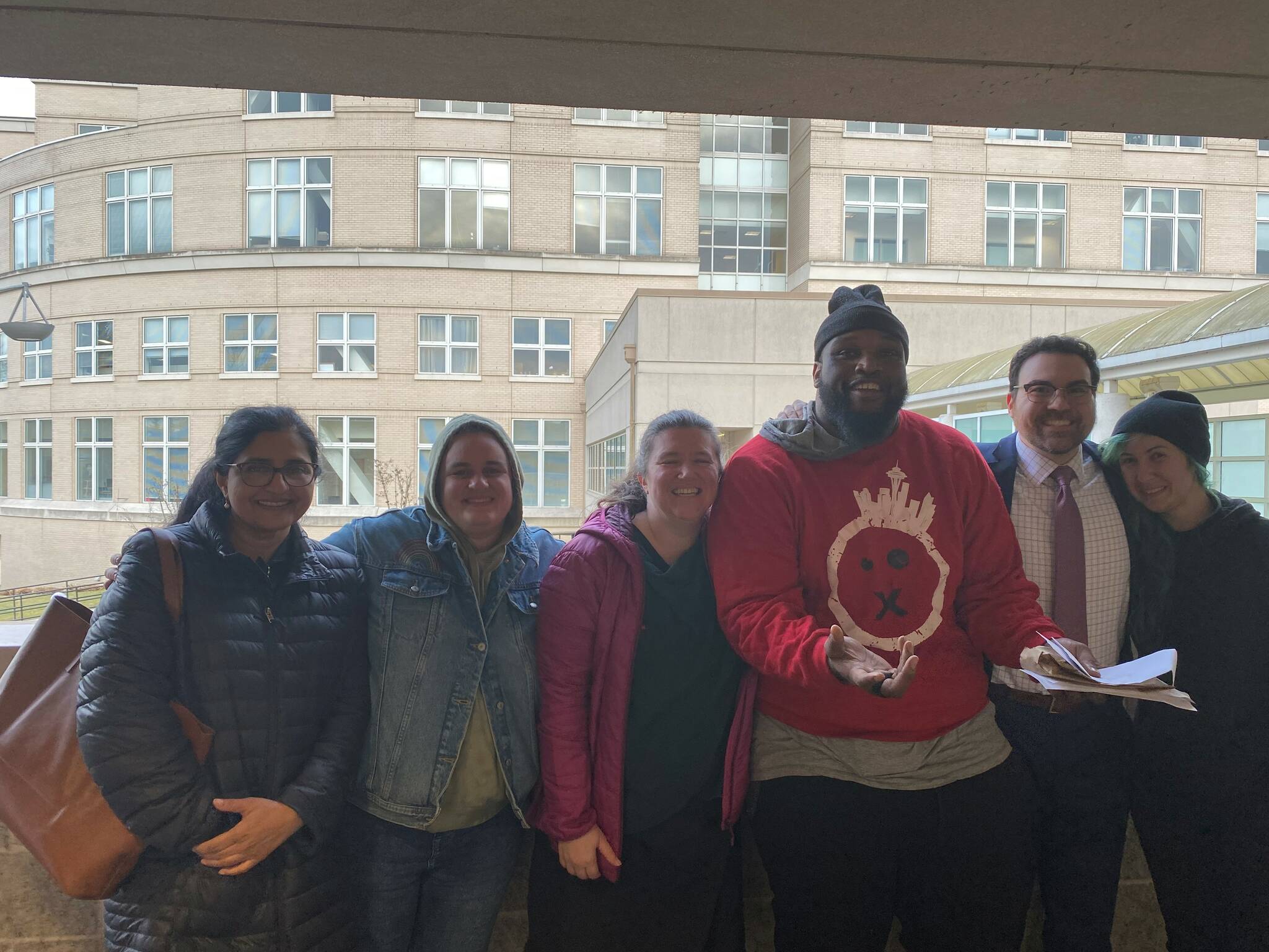 The Glaspy defense team, from left to right: Attorney Anna Samuel, investigator Emily Willard, social worker Alix Willard, D’Andre Glaspy, attorney Michael Schueler, and investigator Molly Gilbert. (Courtesy of Michael Schueler)