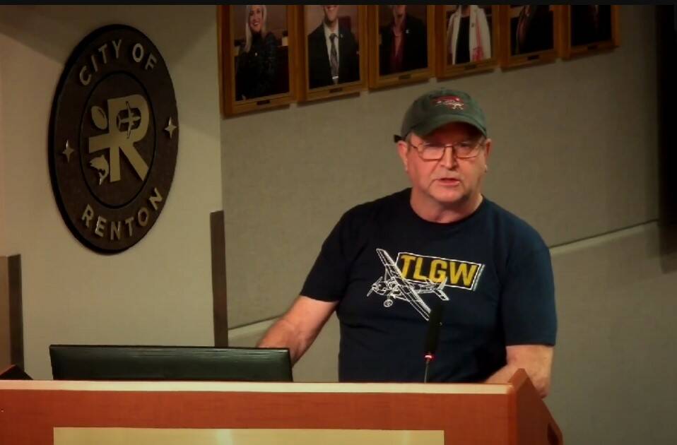 The Landing Gear Works CEO and founder Tom Anderson give his fourth public comment to the Renton City Council about the eviction of his aerospace business from Renton Municipal Airport. Courtesy image