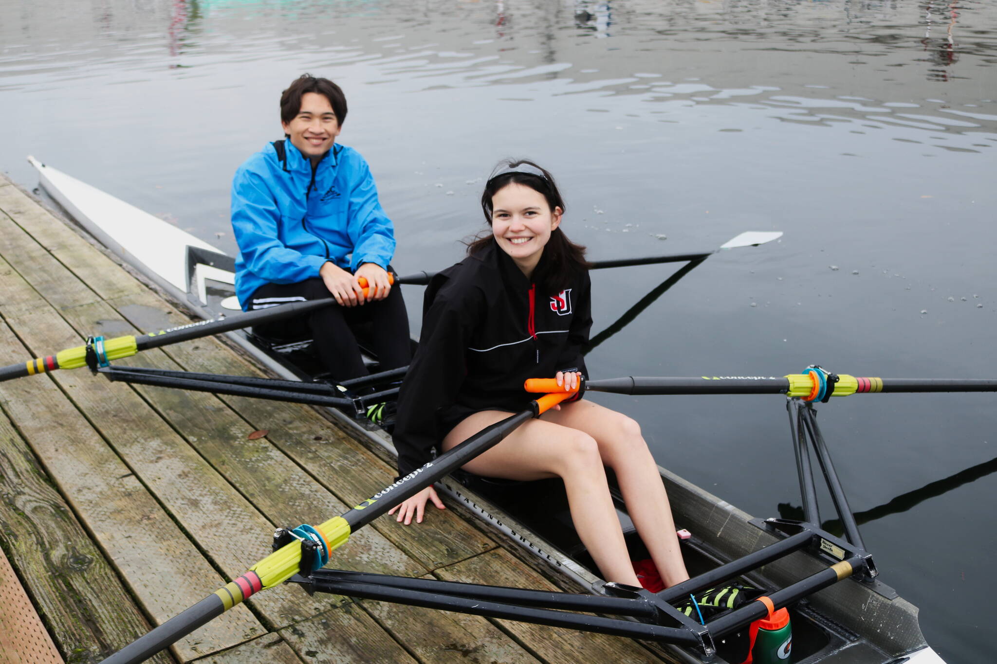 Kai Powers and Izzy Teal get a good row in on a cold December afternoon. Rowing works up a sweat so it’s best to dress in layers. Photo by Bailey Jo Josie/Sound Publishing.