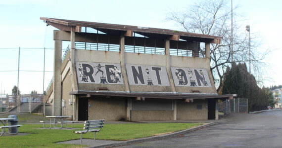 A Renton sign on the baseball bleachers in Liberty Park greets drivers on I-405. Photo by Bailey Jo Josie/Sound Publishing.