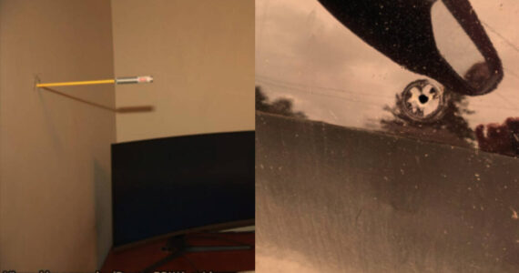 Pictured left to right: a photo of where the bullet entered the victim’s wall, and a photo of the bullet entry to the victim’s vehicle. Courtesy photos
