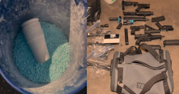 A bucket of fentanyl and guns seized from Shawn Ellis. Photos courtesy of the U.S. Attorney’s Office