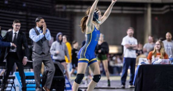 Vina Nguyen of Hazen celebrates her win as a state champion. Photo provided by Maria Dorsten
