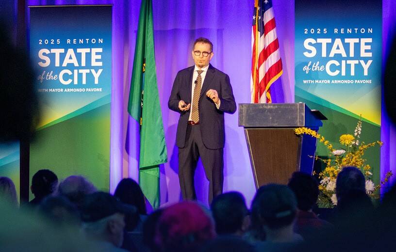 Renton Mayor Armondo Pavone announced Renton as a host to a national soccer team for the 2026 FIFA World Cup at the 2025 State of the City. Photo provided by the city of Renton