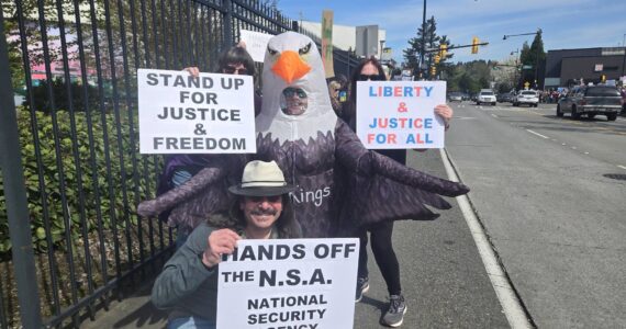 A person dressed as a bald eagle with the words “#NoKings” written on the costume joined the protest. Photo courtesy of Alice Lockridge.