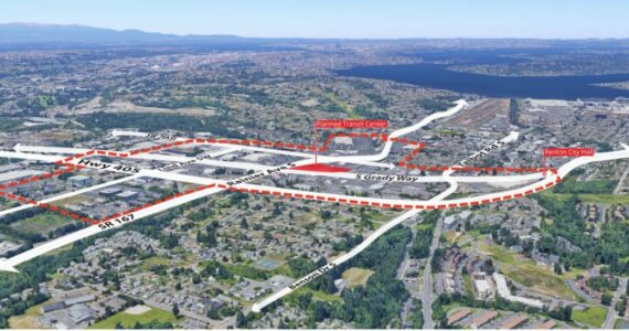 An aerial view of Renton highlighting the subarea set to change under the Rainier/Grady Junction TOD Subarea Plan. Photo provided by the city of Renton
