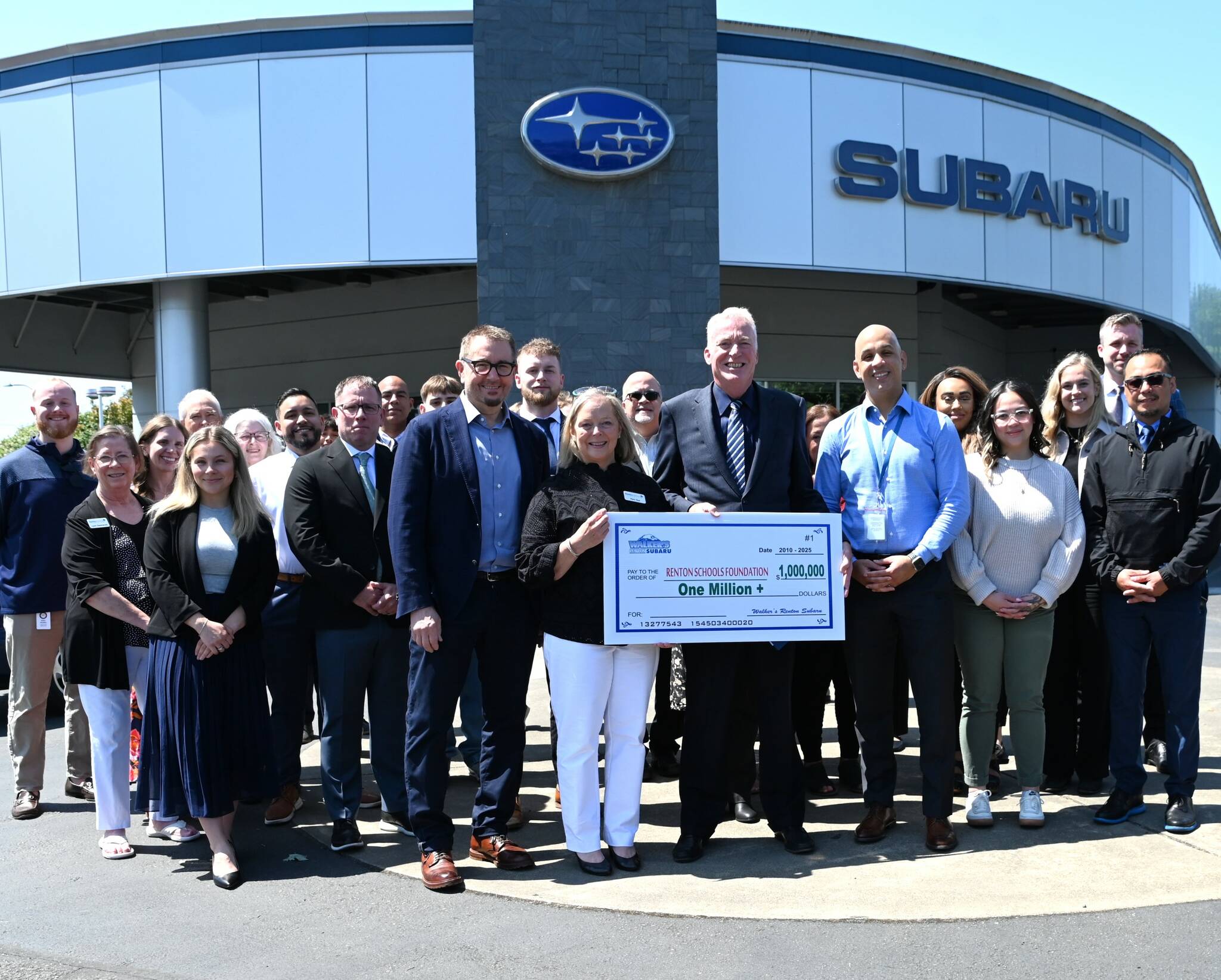 $1 million raised through the Walker’s Renton Subaru Share the Love event was presented to the Renton Schools Foundation on June 3. Courtesy photo