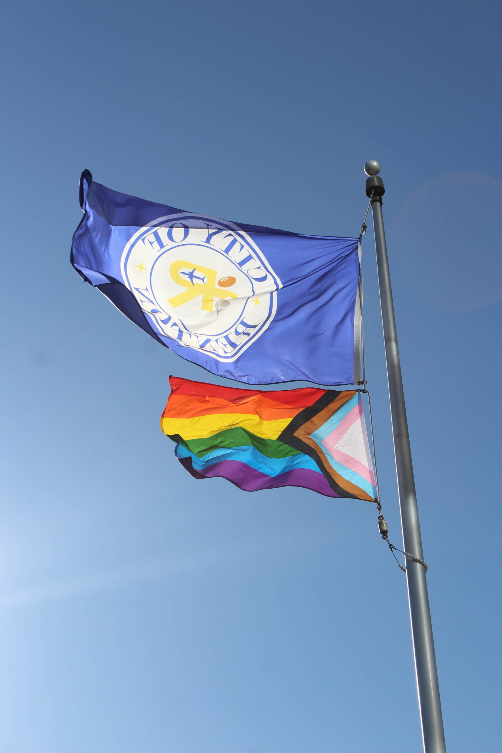 The Pride Flag flies above Renton City Hall in June. Bailey Jo Josie / Renton Reporter
The Progressive Pride Flag flies above Renton City Hall in June. Bailey Jo Josie / Renton Reporter