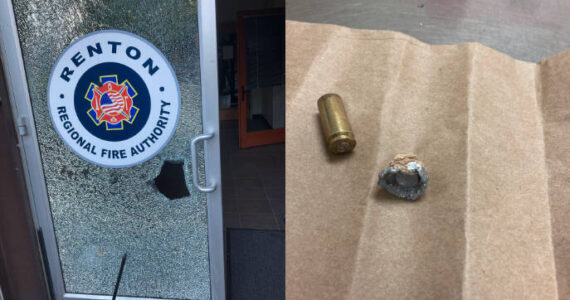 A photo of the front door’s bullet hole, and a photo of a shell casing and bullet recovered from another door inside the station. Courtesy photos