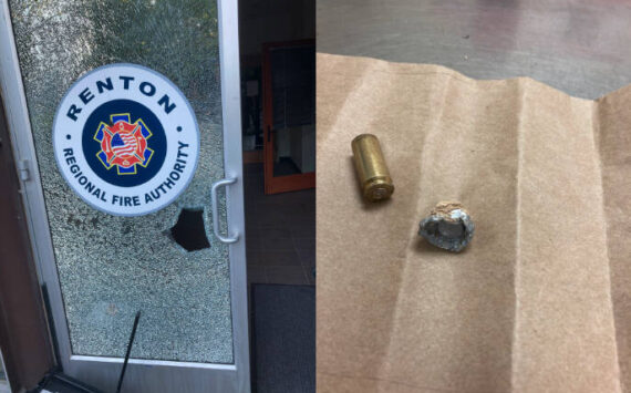 A photo of the front door’s bullet hole, and a photo of a shell casing and bullet recovered from another door inside the station. Courtesy photos