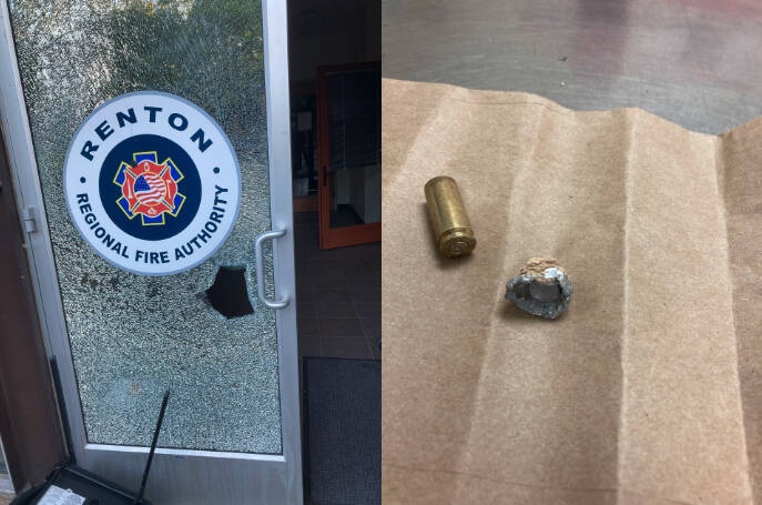 A photo of the front door’s bullet hole, and a photo of a shell casing and bullet recovered from another door inside the station. Courtesy photos